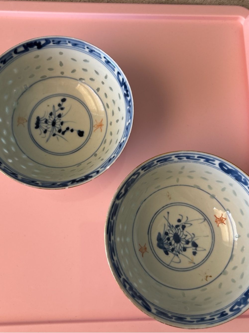2 Antique Chinese Rice Grain Porcelain Bowl Blue White Floral
